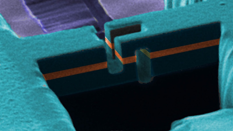 Scanning Electron Microscopy image of a 3D Focused Ion Beam sculpted superconducting NanoSQUID with double loop. |  ph. INRiM 